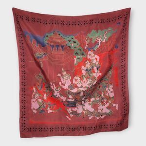 Thai Silk Scarf Red Pink Green and Gold Buddhist Ramakein Gaurdian